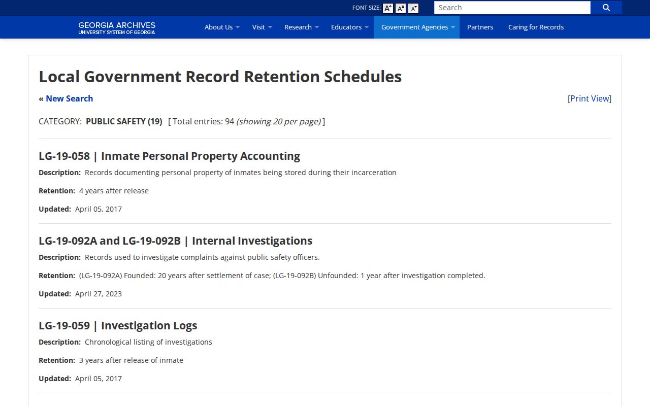 Georgia Archives ten-year retention schedule for Wheeler County local jail booking records
