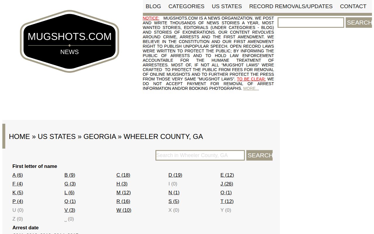 Unofficial stale Mugshots.com Wheeler County archive interface with county and date navigation