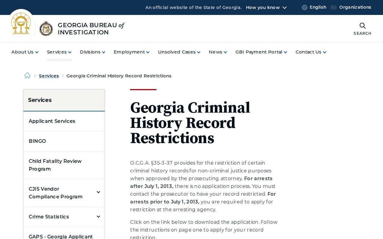 Georgia criminal history record restriction process for a Wheeler County booking record