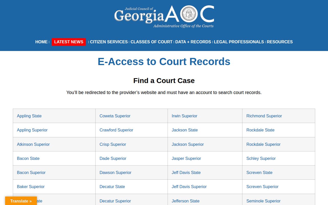 Georgia Courts e-access directory routing Wheeler County Superior Court records